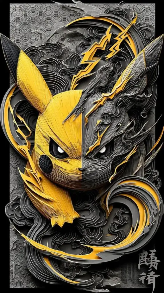 Wallpaper Pikachu phong cách khắc họa, đuôi tia sét nổi bật, nền tối giản, viền sáng rõ nét
