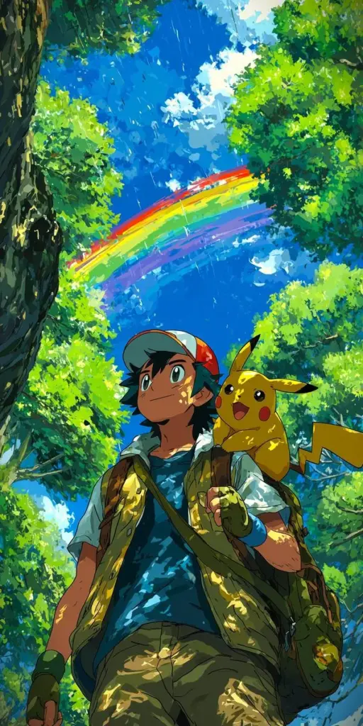 Cảnh rừng xanh có cầu vồng, Ash và Pikachu nhìn xa, ánh nắng mềm, không khí trong trẻo