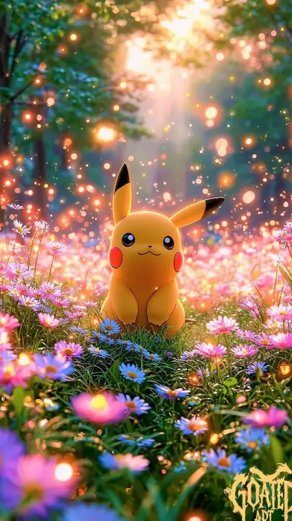 Ảnh nền Pikachu giữa vườn hoa, hạt sáng bokeh lấp lánh, má đỏ nổi, cảm giác ấm áp