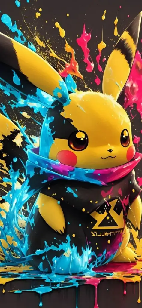 Pikachu kiểu sơn splatter, màu xanh hồng bùng nổ, ánh điện quang mạnh, nhìn rất nổi loạn