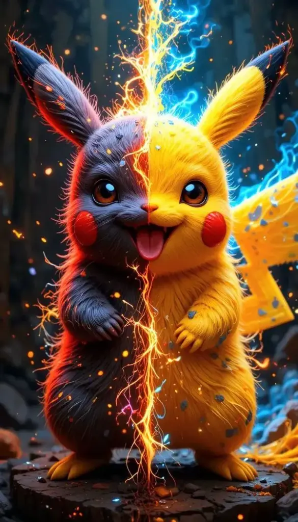 Pikachu lông xù cận cảnh, nửa mặt sáng nửa tối, điện tích lóe, biểu cảm tinh nghịch