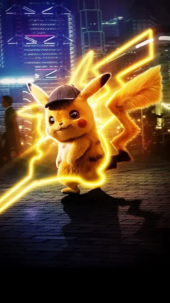 Pikachu hệ Điện tạo viền sáng quanh thân, điện tích chạy dọc đuôi, nền tối làm nhân vật bật hẳn