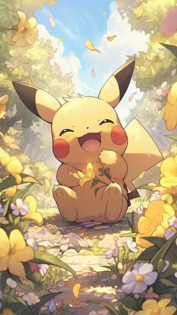 Pikachu đứng cạnh chữ Nintendo nhỏ, phong cách poster, nền sạch, điểm nhấn tai đen và túi má đỏ