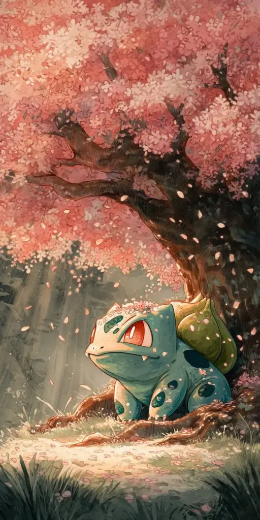 Ảnh nền Bulbasaur dưới tán hoa hồng phấn, ánh nắng rơi nhẹ, cảm giác yên bình