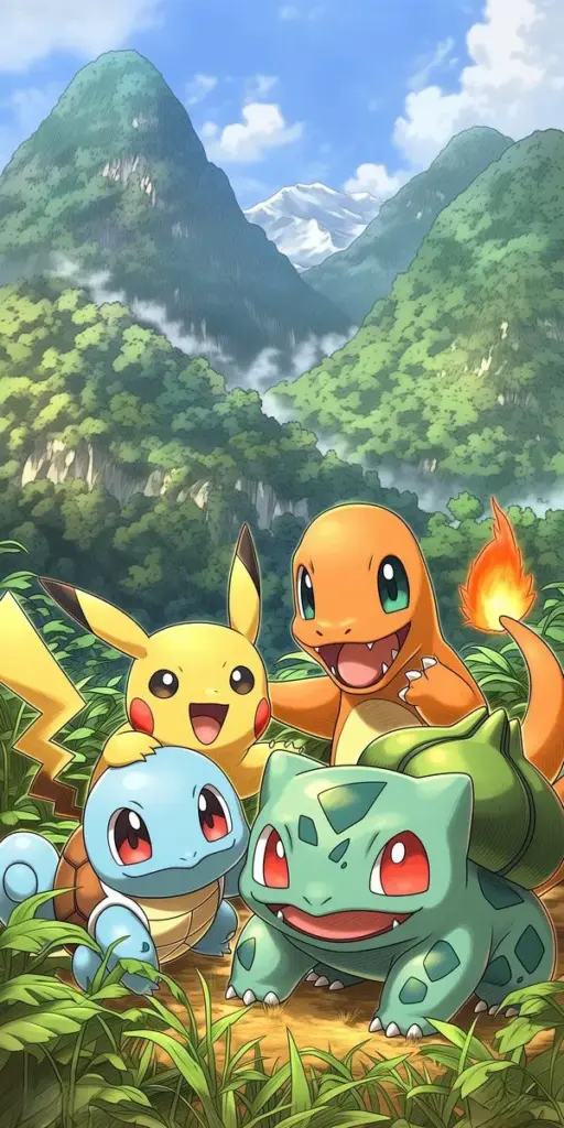 Pikachu đi cùng Bulbasaur Squirtle Charmander giữa thung lũng xanh, mây trắng và núi xa