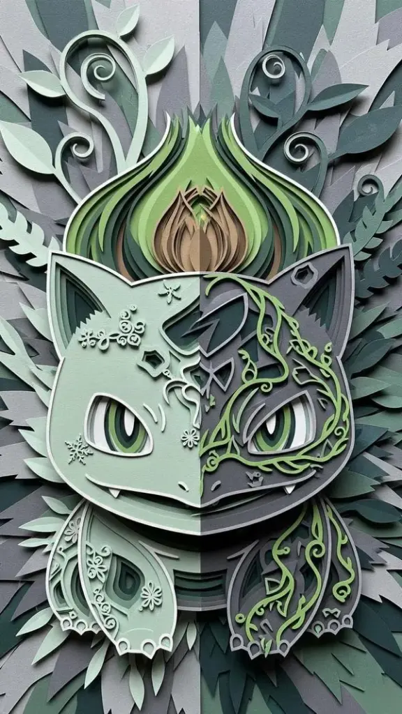 Wallpaper Bulbasaur kiểu chạm khắc, họa tiết Pokeball và lá non, tông xám xanh cá tính