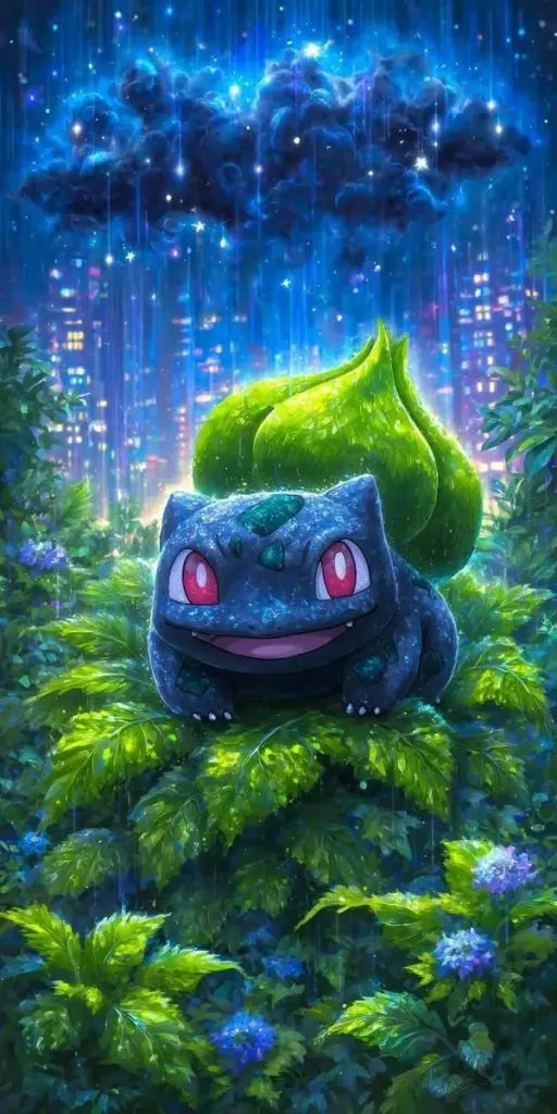 Hình nền điện thoại Bulbasaur giữa rừng đêm, lá ướt và ánh sao, nhìn sâu và mát mắt