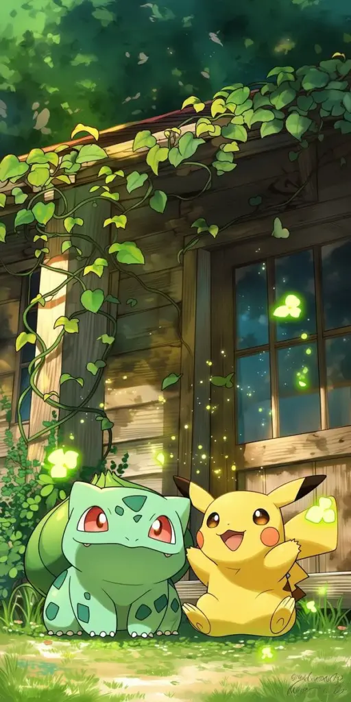 Bulbasaur và Pikachu ngồi cạnh hiên nhà gỗ, đèn vàng ấm, khung cảnh chiều muộn dịu dàng