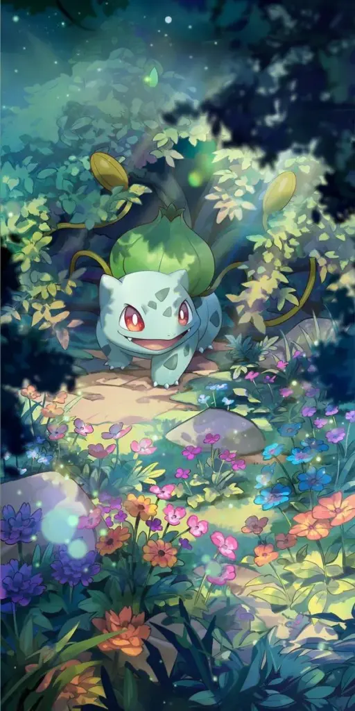 Ảnh màn hình chờ Bulbasaur trong khu vườn hoa, bụi sáng lấp lánh, tông xanh nhẹ nhàng