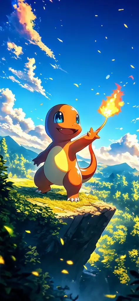 Charmander đứng trên mỏm đá nhìn trời sao, lửa đuôi hắt sáng, cảm giác phiêu lưu