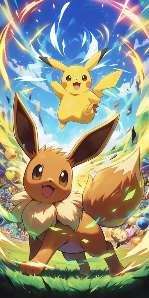 Màn hình khóa Eevee rực lông nâu, Pikachu phía trên, hiệu ứng năng lượng nhiều màu nổi bật
