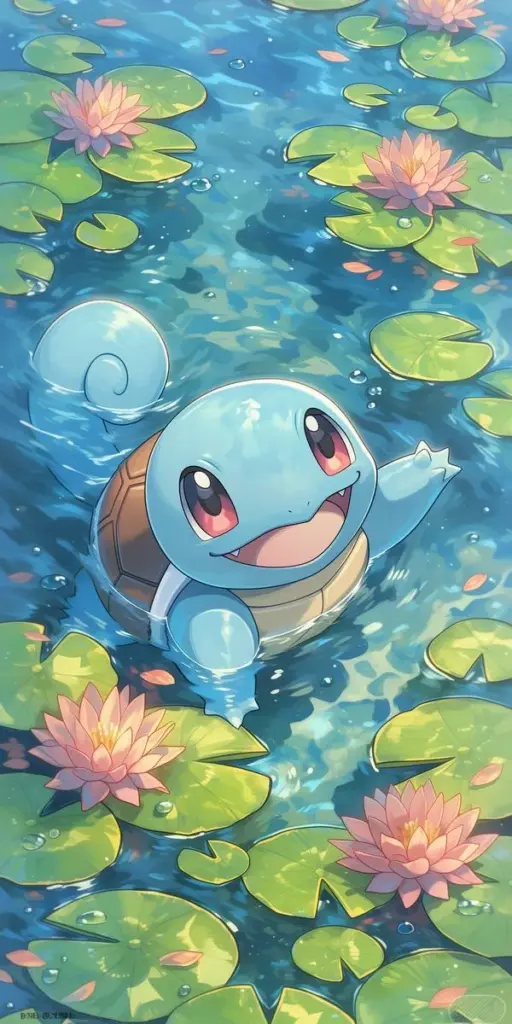 Squirtle bơi giữa hồ sen, lá nổi dày, nước xanh trong, không khí mát lành thư giãn