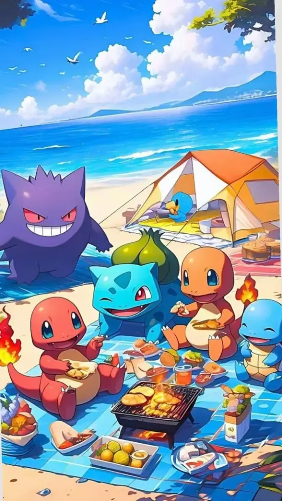 Pikachu Bulbasaur Squirtle Charmander vui chơi bãi biển, Gengar lấp ló, trời xanh sáng rực