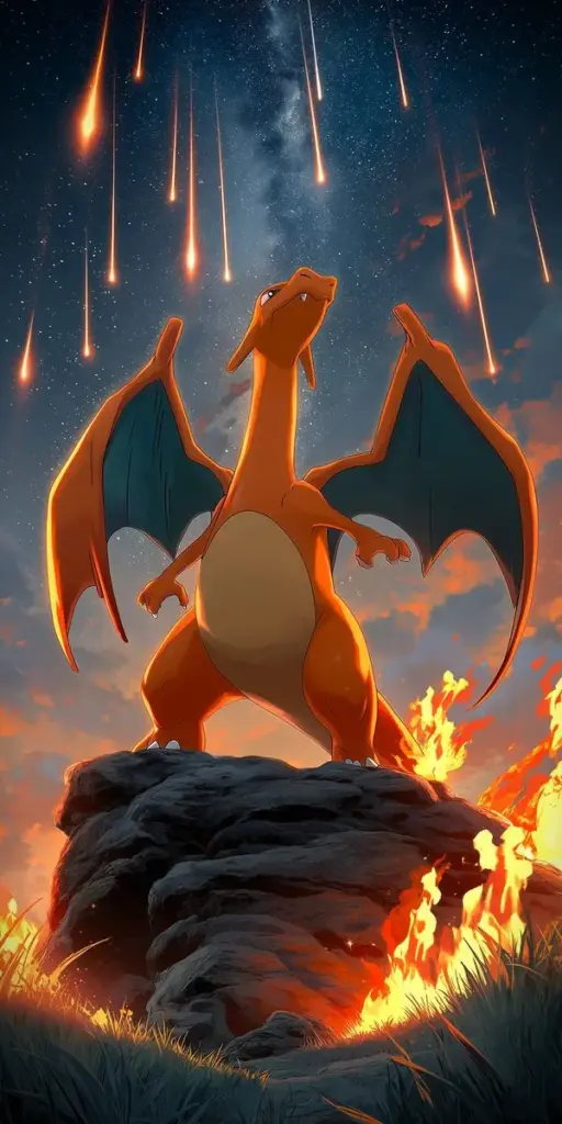 Wallpaper Charizard giữa núi lửa, lửa bùng lên quanh cánh, tông đen đỏ mạnh mẽ