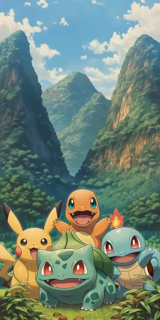 Ảnh nền Pikachu dẫn nhóm Bulbasaur Squirtle Charmander trước núi cao, bầu trời trong veo