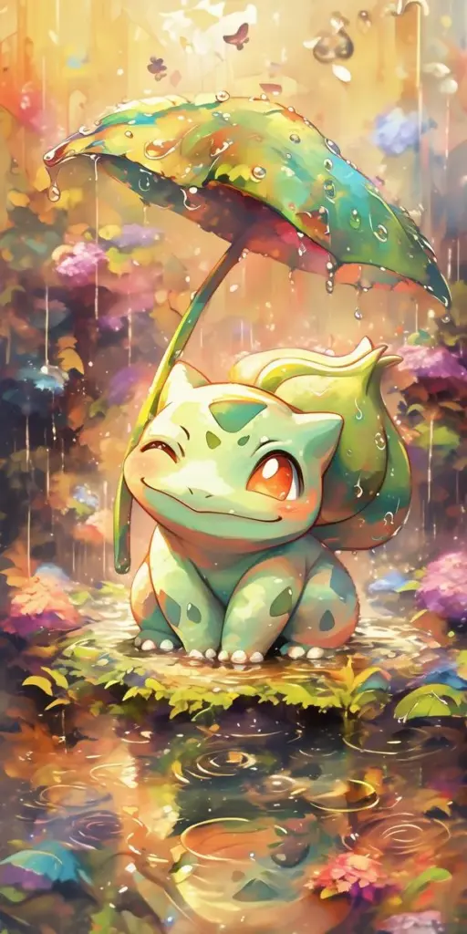 Bulbasaur trong tranh màu nước, lá rơi và ánh sáng loang, cảm giác nhẹ nhàng như cổ tích