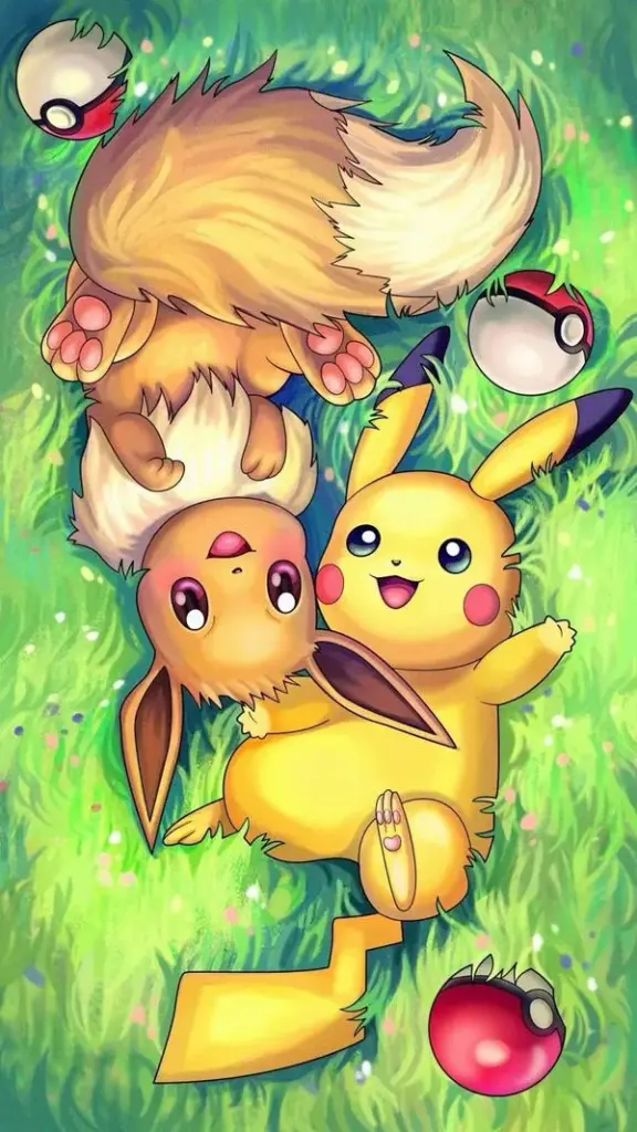 Hình nền iPhone Pikachu nằm cùng Eevee và Togepi trên cỏ, tông vàng xanh ấm áp