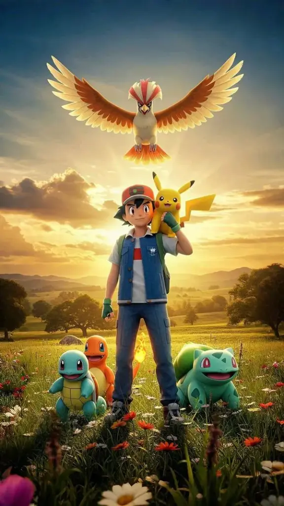 Ash giơ tay dưới nắng sớm, Ho Oh bay ngang trời, Pikachu và bạn đồng hành phía sau