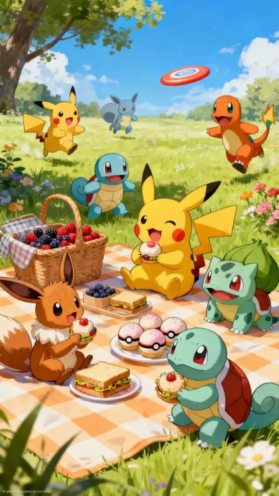 Ảnh nền buổi dã ngoại có Pikachu Eevee Charmander Squirtle, đồ ăn bày gọn, không khí vui vẻ