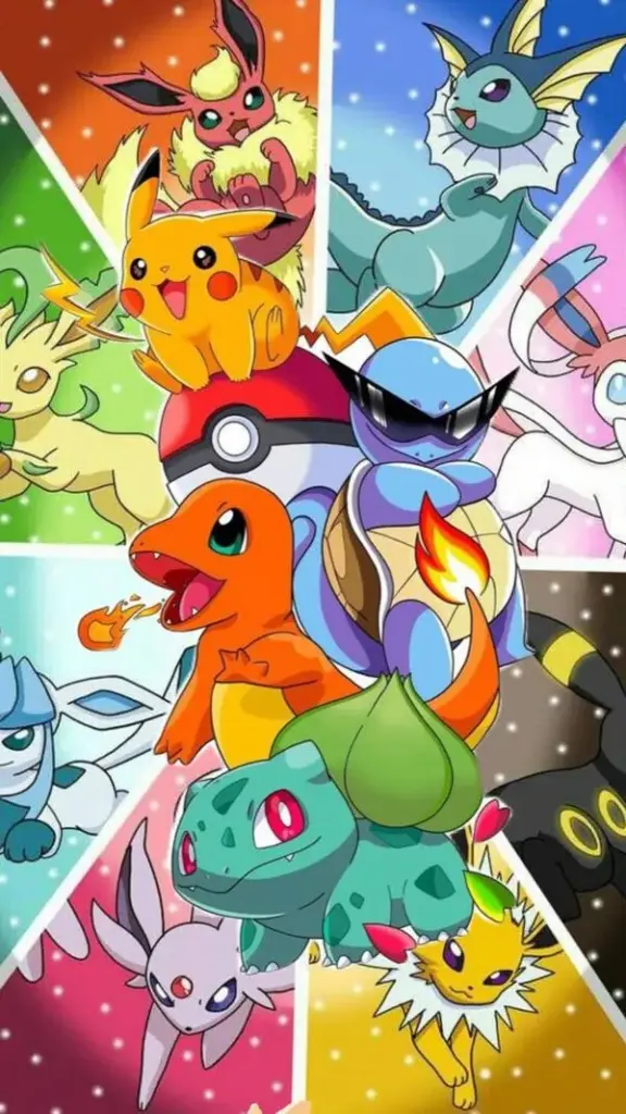 Wallpaper collage Pokemon với Pikachu Bulbasaur Charmander Squirtle chen nhau, màu sắc dày và sống động