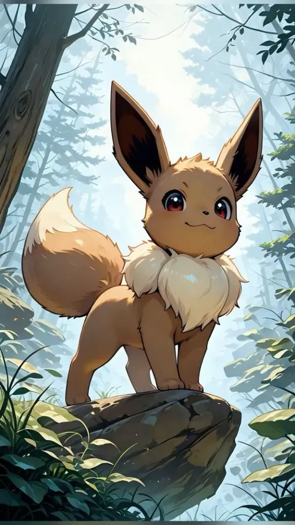 Eevee đứng trên tảng đá trong rừng, ánh sáng xuyên lá, vẻ đáng yêu nhưng hơi tinh nghịch