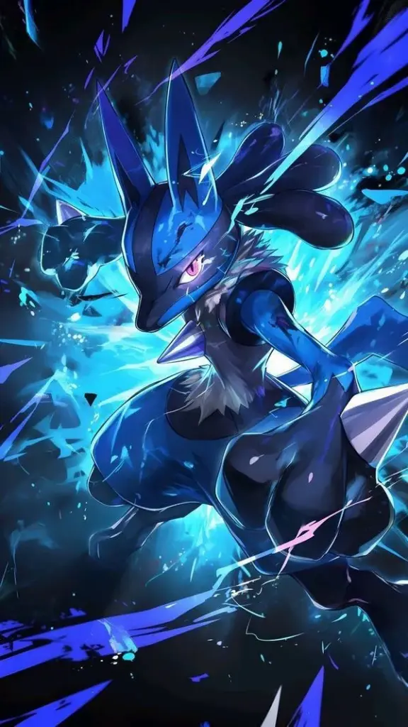 Mega Charizard X bùng lửa xanh trong nền tối, ánh điện lóe, cảm giác chiến đấu căng thẳng