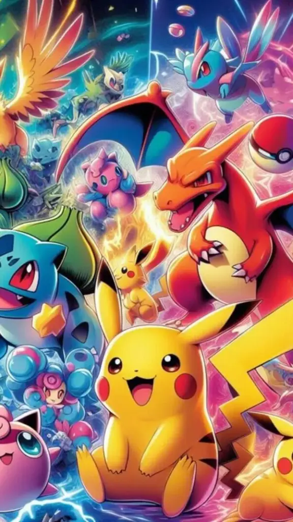 Pikachu trong khung tiệc neon cùng Charizard và Gengar, ánh tím xanh, không khí sôi động