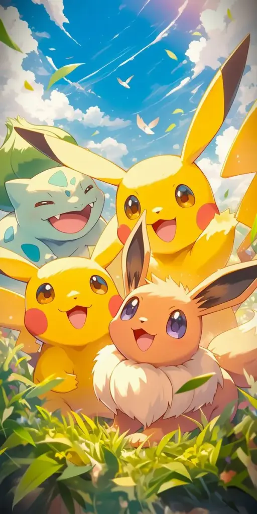 Ảnh màn hình chờ Pikachu và Eevee dưới trời xanh, gió thổi cỏ bay, cảm giác trong trẻo