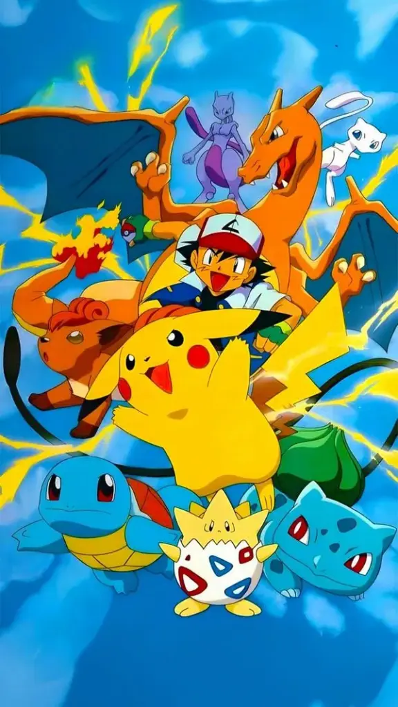 Nhóm Pokemon nhiều màu với Pikachu dẫn đầu, nét vẽ như graffiti, năng lượng trẻ trung bùng nổ