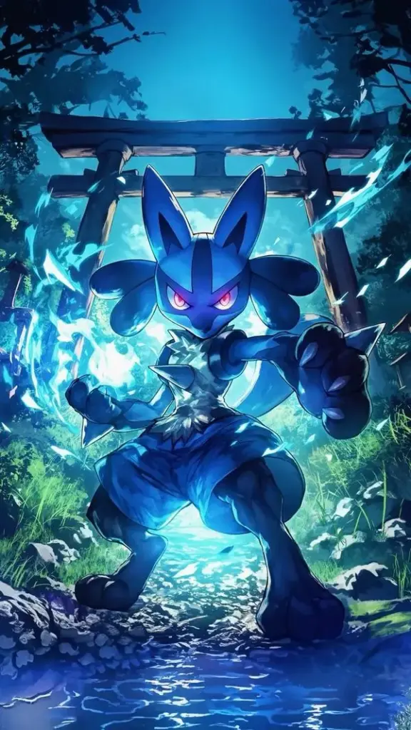 Ảnh màn hình chờ Lucario giữa băng giá, hơi nước mờ, ánh hào quang xanh làm khung cảnh lạnh.