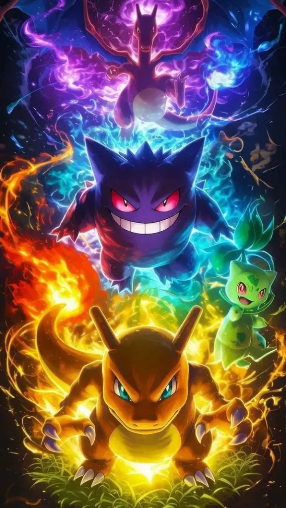 Hình nền iPhone Gengar nhiều màu, tia năng lượng xoắn, không khí ma mị mà vẫn vui mắt.