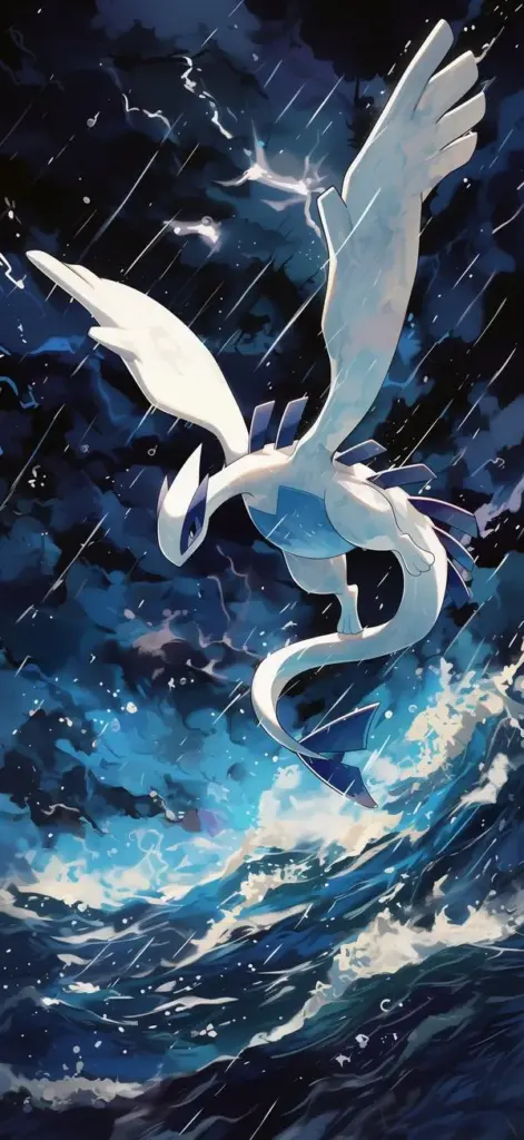 Lugia lướt trên sóng bão, mây sấm dày, nền biển sâu tạo chất sử thi rất đã.