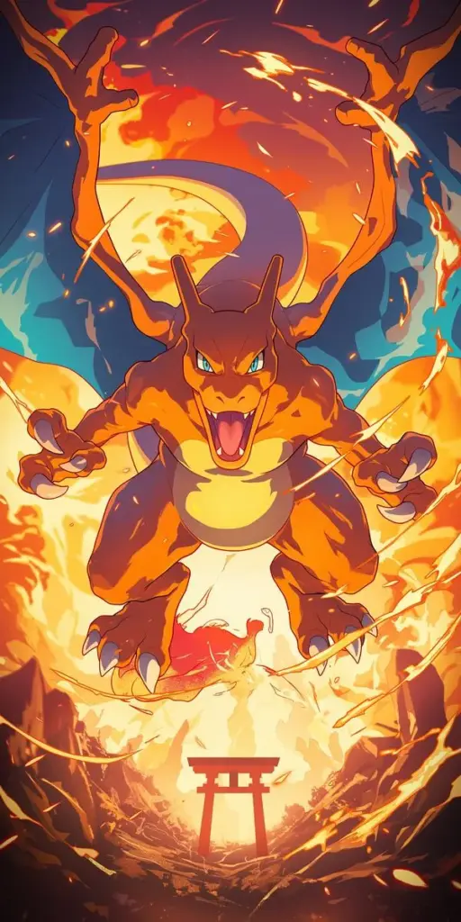 Ảnh nền Ho Oh rực lửa bay lên, ánh sáng viền đỏ, nền trời nóng tạo điểm nhấn mạnh.