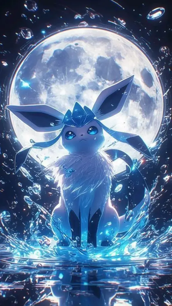 Glaceon đứng dưới trăng, băng mỏng lấp lánh, không gian yên mà vẫn có lực hút.