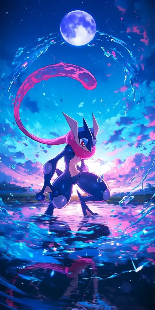 Wallpaper Mew giữa bầu trời tím xanh, hạt bụi bay nhẹ, vibe mơ màng kiểu huyền ảo.