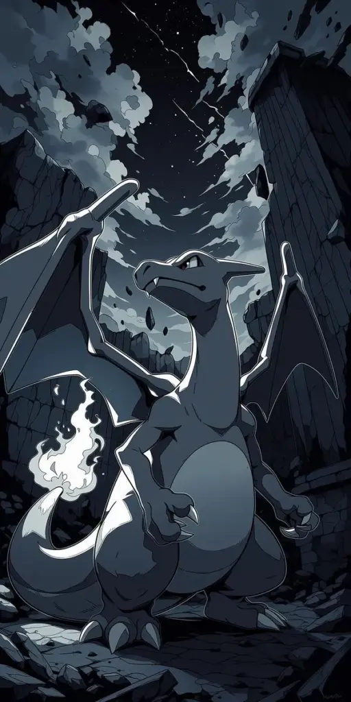 Charizard đơn sắc mạnh bạo, bóng đổ sâu, cảm giác dữ dằn như cảnh cao trào cốt truyện.