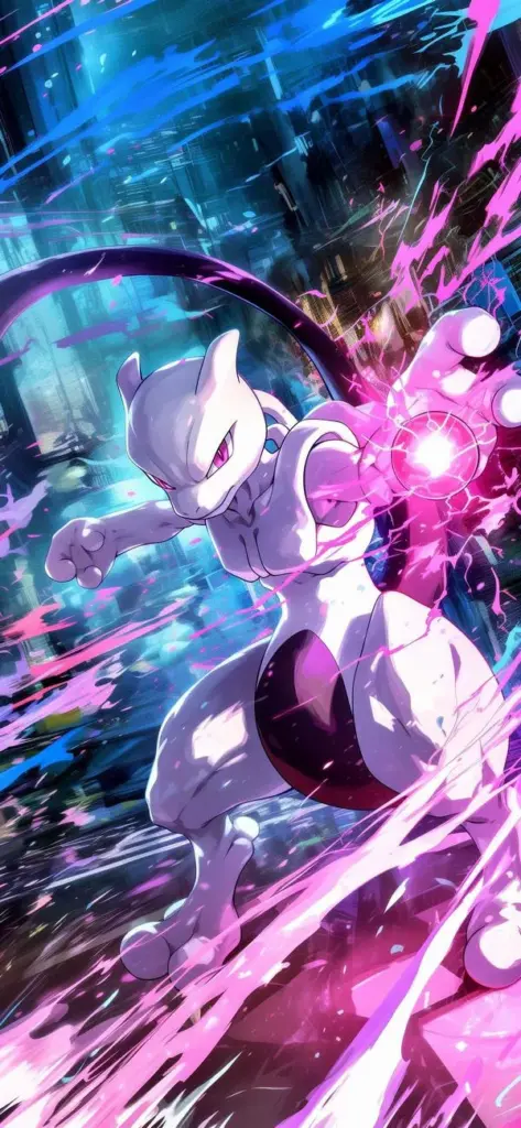 Hình nền điện thoại Mewtwo bùng hào quang tím, nền vũ trụ xoáy mạnh, ánh viền sắc nét.