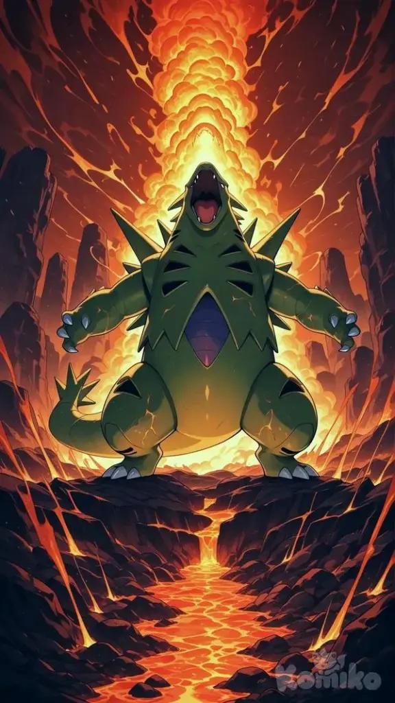 Ảnh nền Sceptile đứng trước cổng lửa, nền rực cam, dáng uy nghi như hộ vệ rừng cổ.