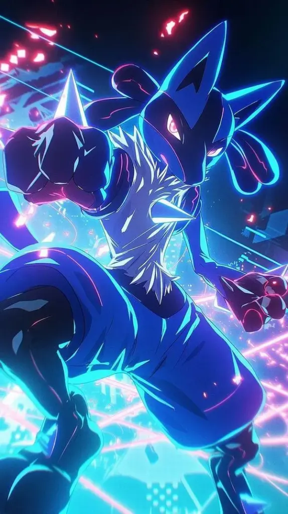 Lucario neon xanh tím, hiệu ứng năng lượng dày, ánh viền sáng làm tổng thể cực nổi bật.
