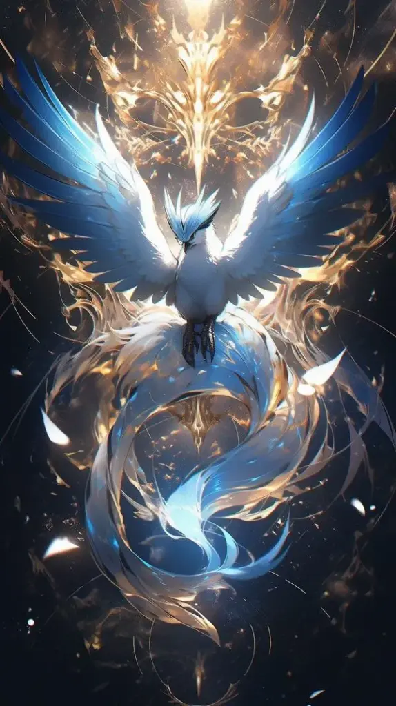 Hình nền điện thoại Lugia ánh vàng xanh, nền vũ trụ xoáy, cảm giác thiêng liêng và hiếm có.