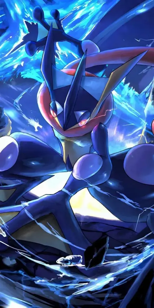 Wallpaper Greninja xanh lạnh, mặt nước phản sáng, đường nét sắc tạo cảm giác tốc độ và lực.