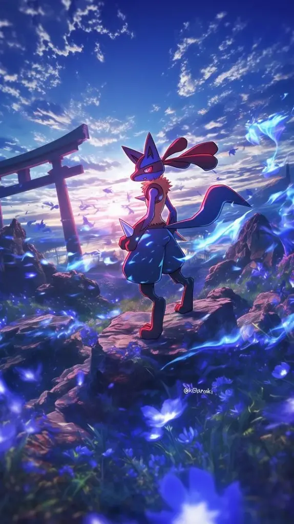 Cảnh hoàng hôn với torii, nhân vật nhỏ giữa trời rộng, tạo chiều sâu bình yên mà lạ.