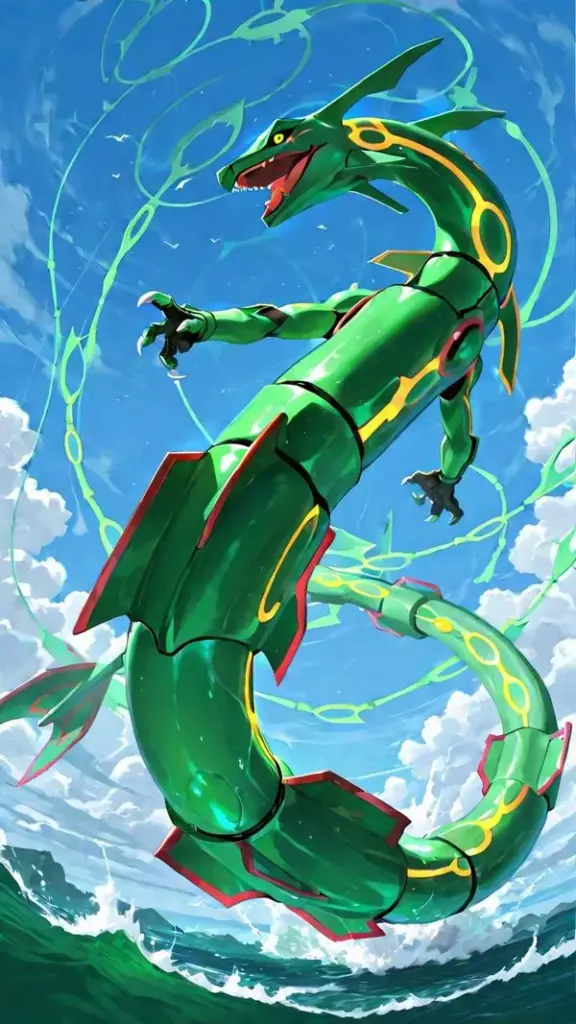 Rayquaza uốn lượn giữa trời, mây gió xoáy tròn, cảm giác điều khiển thời tiết rất rõ.