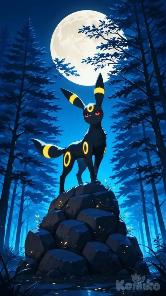 Umbreon dưới trăng rằm, rừng tối và bóng đổ dày, cảm giác canh giữ đêm rất chill