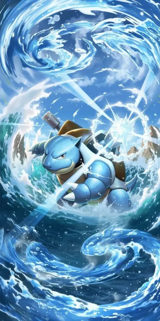 Wallpaper Blastoise giữa xoáy nước sâu, bọt sóng dày, tông xanh lạnh tạo chiều sâu rõ rệt.
