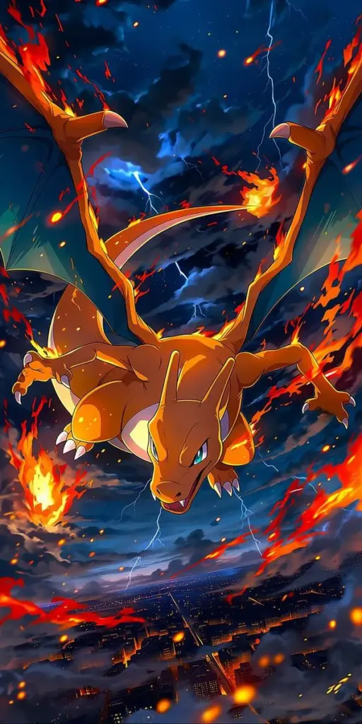 Ảnh nền Charizard bay trên dung nham, tro đỏ cuộn, ánh sáng viền nóng làm nhân vật bật lên.