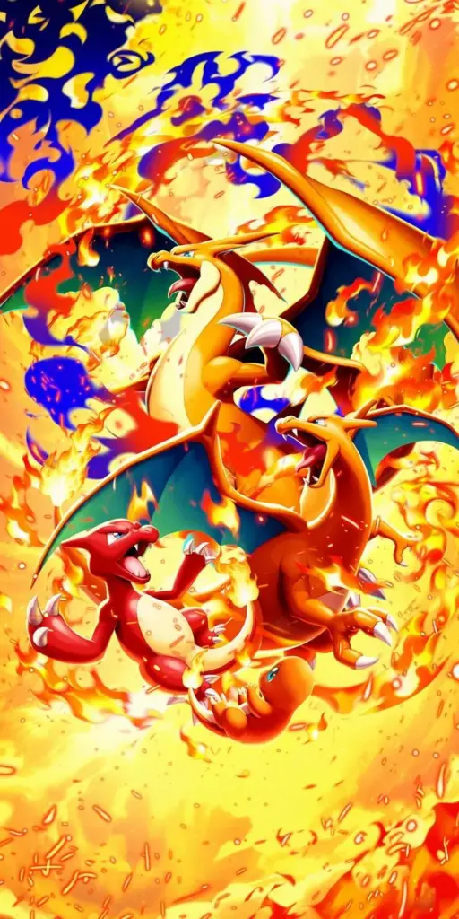 Charizard phun lửa vàng cam, nền rực chói, hạt bụi lấp lánh tạo cảm giác hoành tráng.