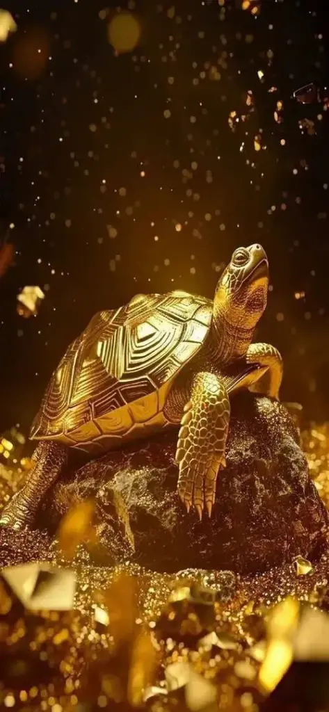 Rùa vàng ngẩng đầu chậm rãi giữa hồ sen, ánh mắt hiền và thân phủ sắc vàng óng, nền mờ nhẹ khiến ảnh nền kim quy trông thanh sạch, hợp người tuổi chuộng phong thủy