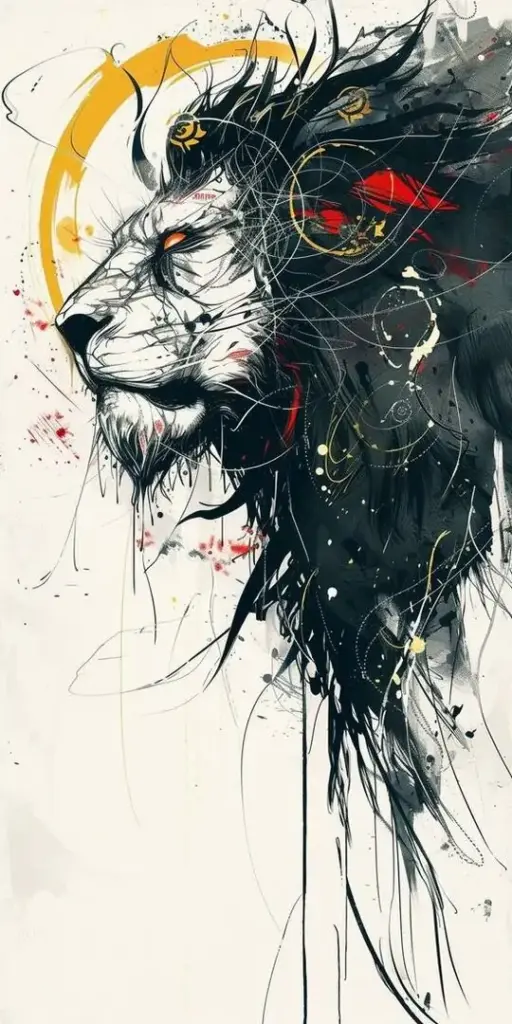 Ảnh nền chân dung sư tử vẽ nửa mặt bằng mực đen, tóc bờm văng thành nét loang và vòng tròn vàng phía sau giúp ảnh nền đại ngàn trông lạ mắt hơn hẳn