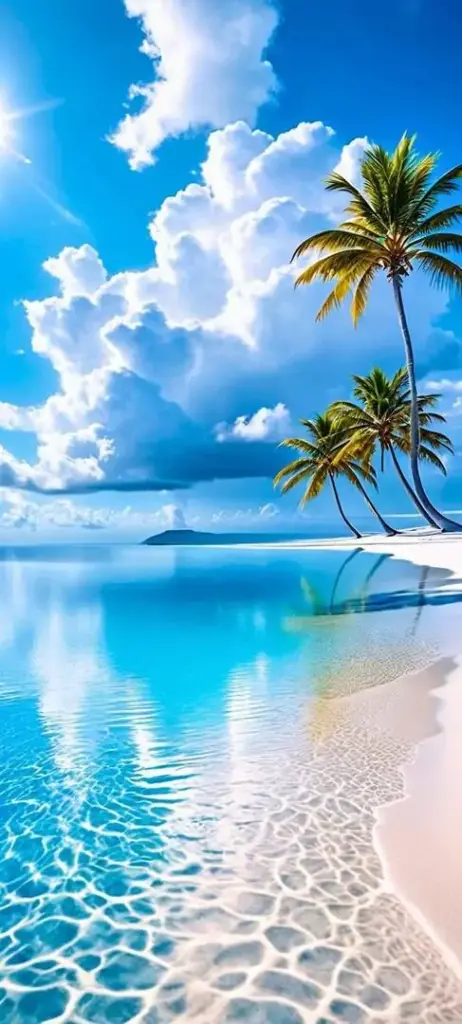 Ảnh bìa điện thoại bãi biển nhiệt đới hiện lên với nước trong veo, hàng dừa nghiêng vào khung và mây trắng lớn phía trên khiến ảnh tự nhiên sáng rực, rất đẹp